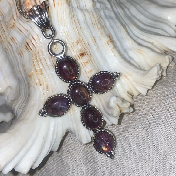 Jewelry - Fire Red Flash Labradorite multi-Gemstone handcrafted Cross Pendant